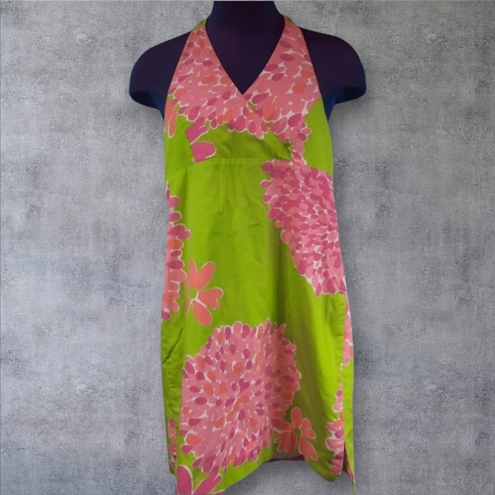 Vintage Lilly Pulitzer Halter Sun Dress Green & Pink Floral Size 12 Kids Girls